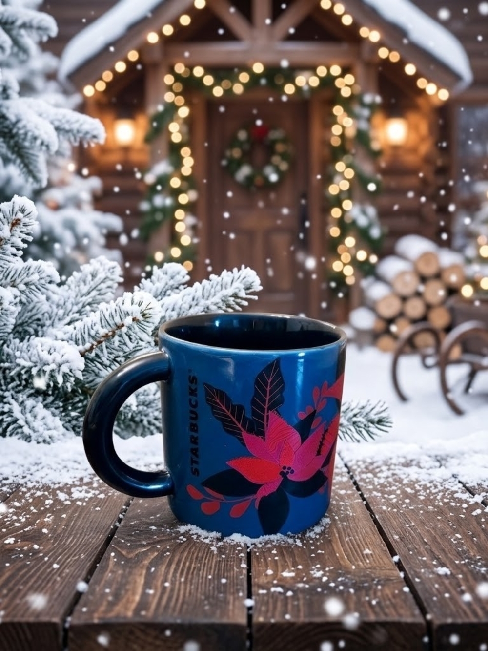 Starbucks Holiday 2021 Blue Poinsettia Ceramic Mug